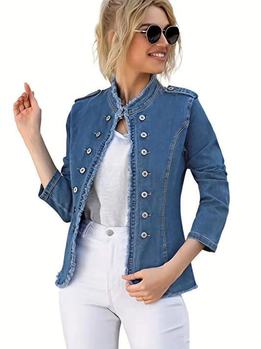 Stylish Blue Denim Jacket with Raw Trim and Button-up Front