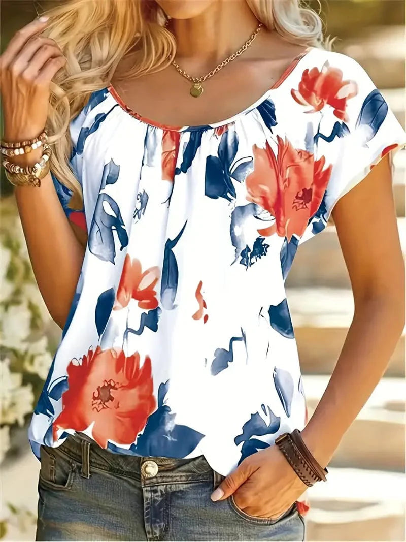 Floral Print Crew Neck T-Shirt for Women: Stylish Short Sleeve Tee for Spring & Summer