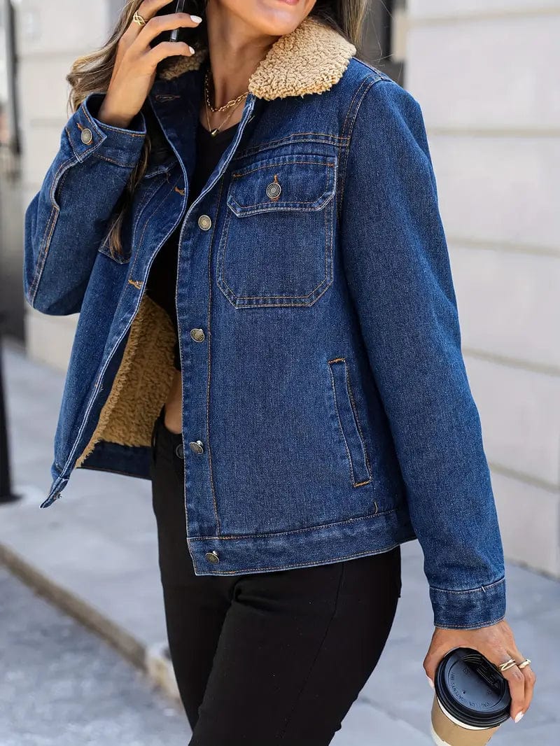 Plush Collar Denim Jacket with Pockets, Long Sleeve Women's Denim Coat
