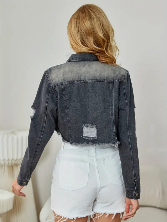Women's Distressed Denim Jacket with Button-Up Front & Cropped Raw Hem