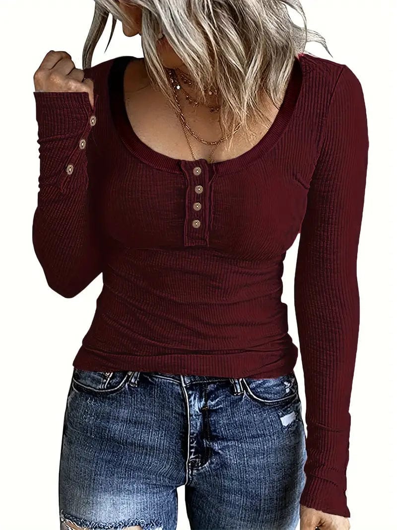 Stylish Scoop Neck Long Sleeve T-shirt with Button Details for Women