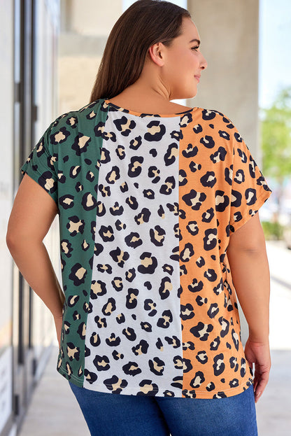 Yellow Plus Size Leopard Print Contrast T-Shirt