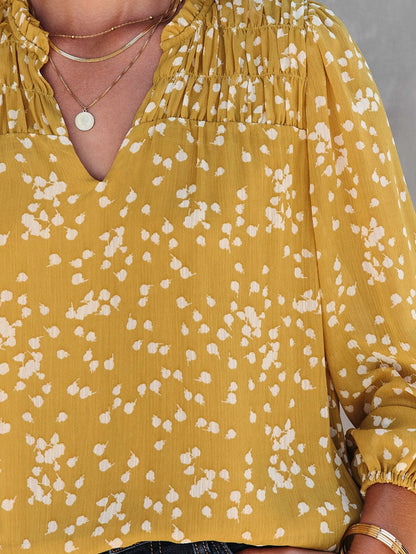 Yellow Floral V-Neck Crinkled Blouse for Early Fall