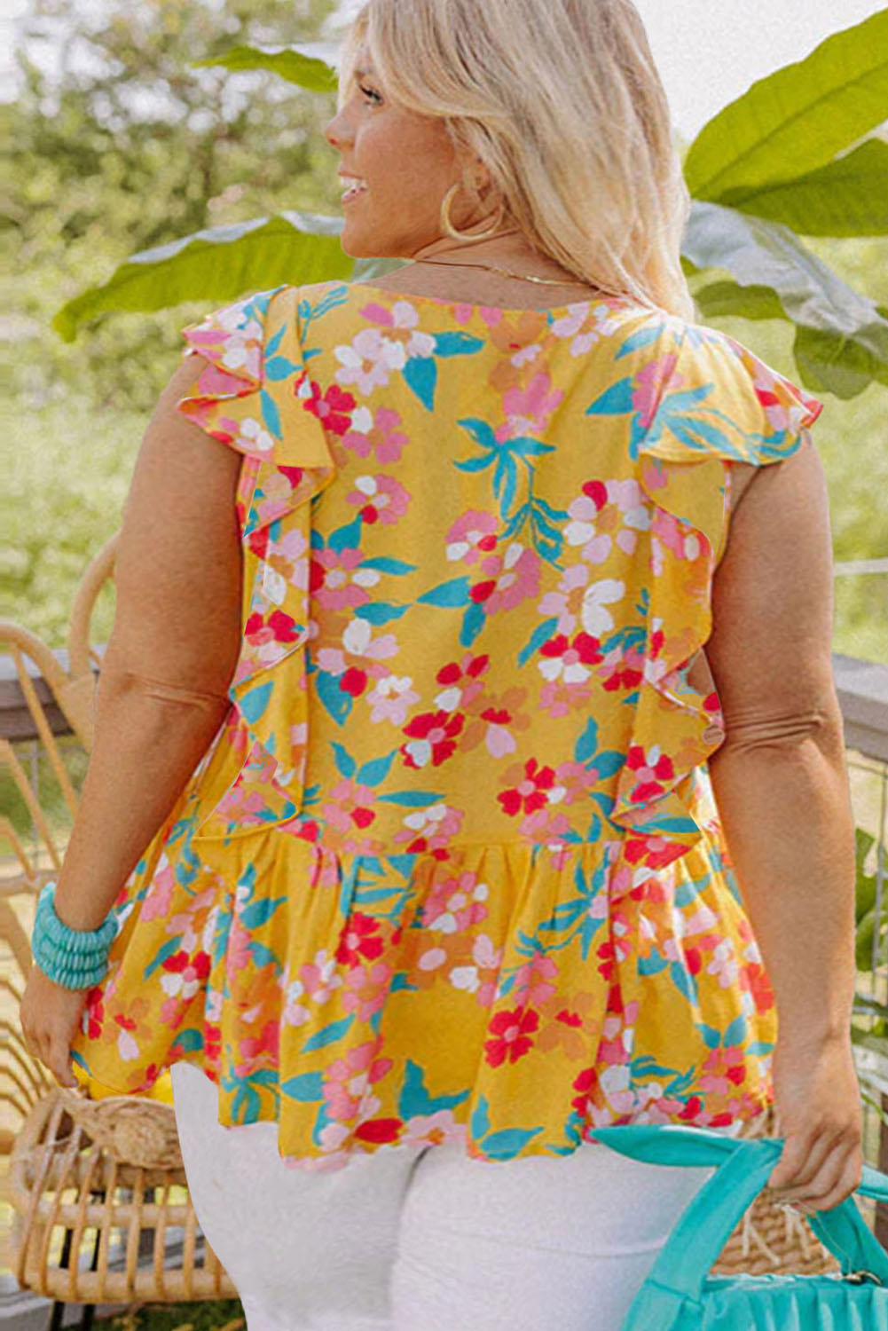 Yellow Plus Size Ruffle Trim Tie Neck Floral Peplum Tank Top