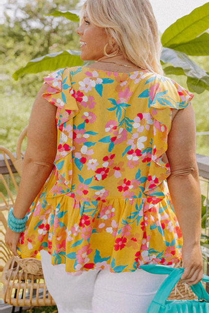 Yellow Plus Size Ruffle Trim Tie Neck Floral Peplum Tank Top