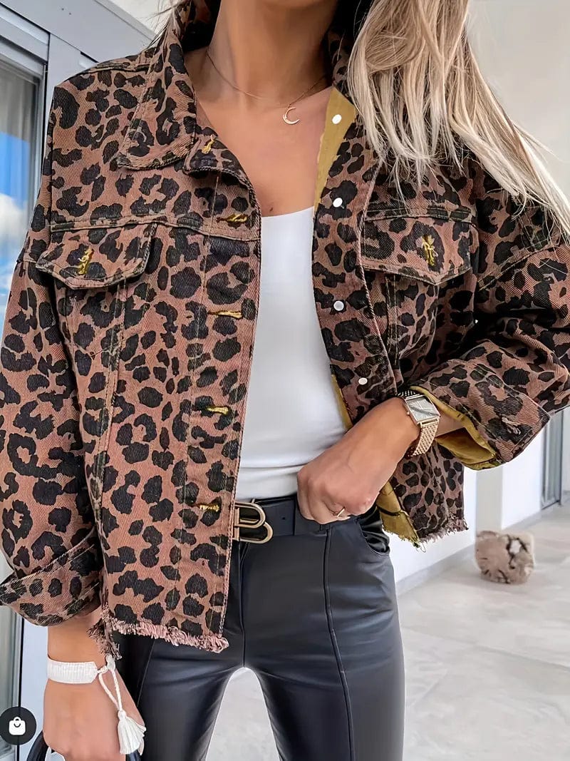 Leopard Print Oversized Denim Jacket with Raw Hem and Flap Pockets