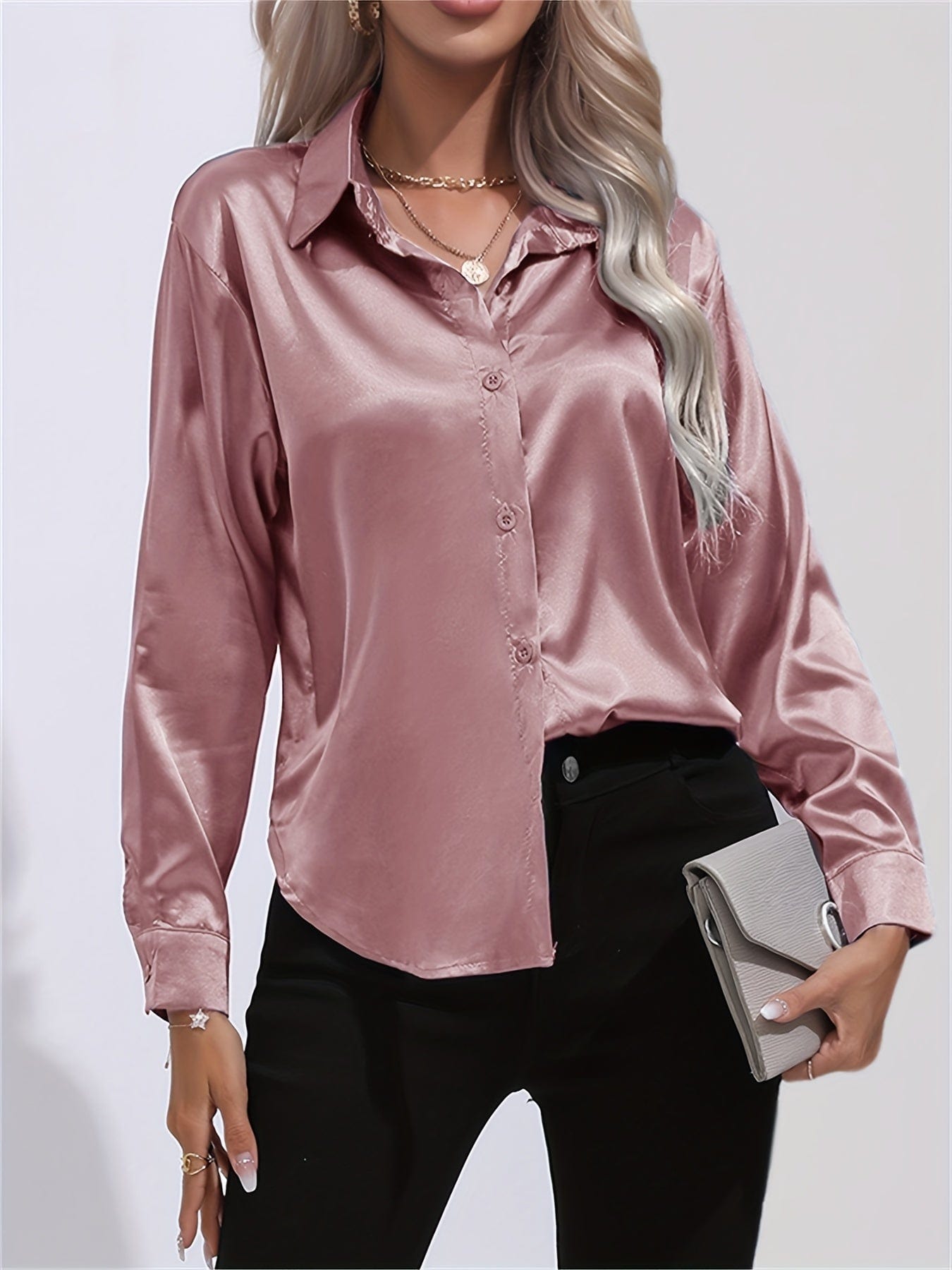 Solid Elegant Smoothly Button Front Long Sleeve Blouse