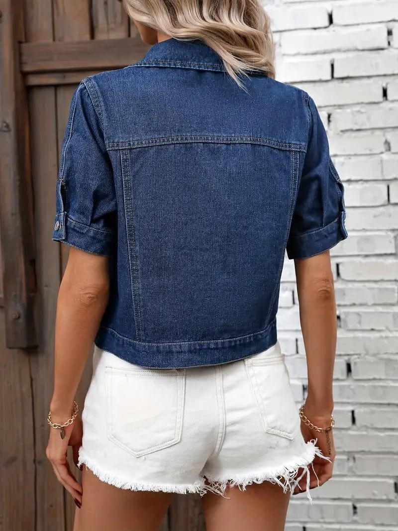 Short Sleeve Women's Denim Coat with Single Button Flap Pockets