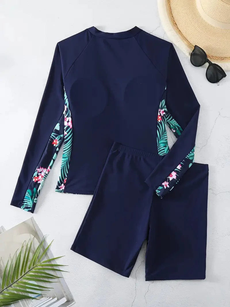 Tropical Patchwork Long Sleeve Swimsuit Set for Women
