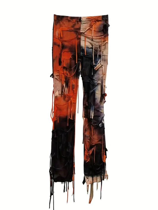Flared Tie Dye Mesh Pants with Tassel Detail - Women's Fall & Winter Fashion