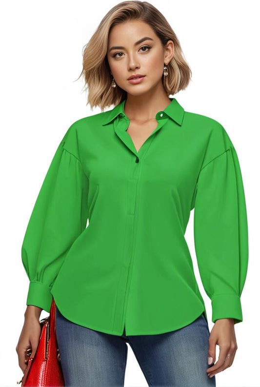 plus size casual blouse women s plus solid button up lantern sleeve turn down collar nipped waist blouse 138970