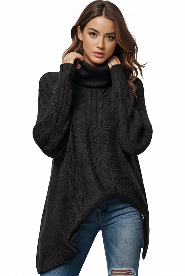 plus size casual sweater women s plus solid tassel trim long sleeve cowl neck high stretch jumper 139299