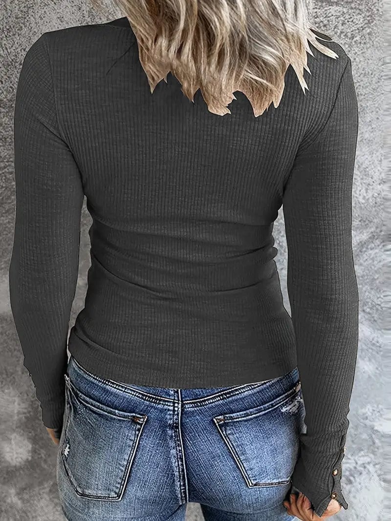 Stylish Scoop Neck Long Sleeve T-shirt with Button Details for Women