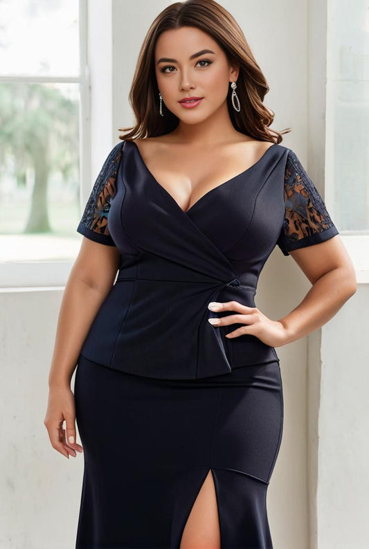 plus size front slit short sleeve with sequin mother of the bride dress 141483