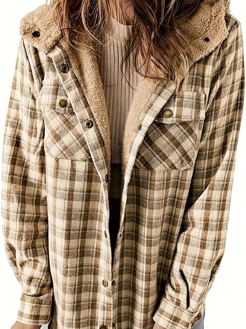 Hooded Plaid Zip Up Jacket for Women, Warm Long Sleeve Casual Outwear