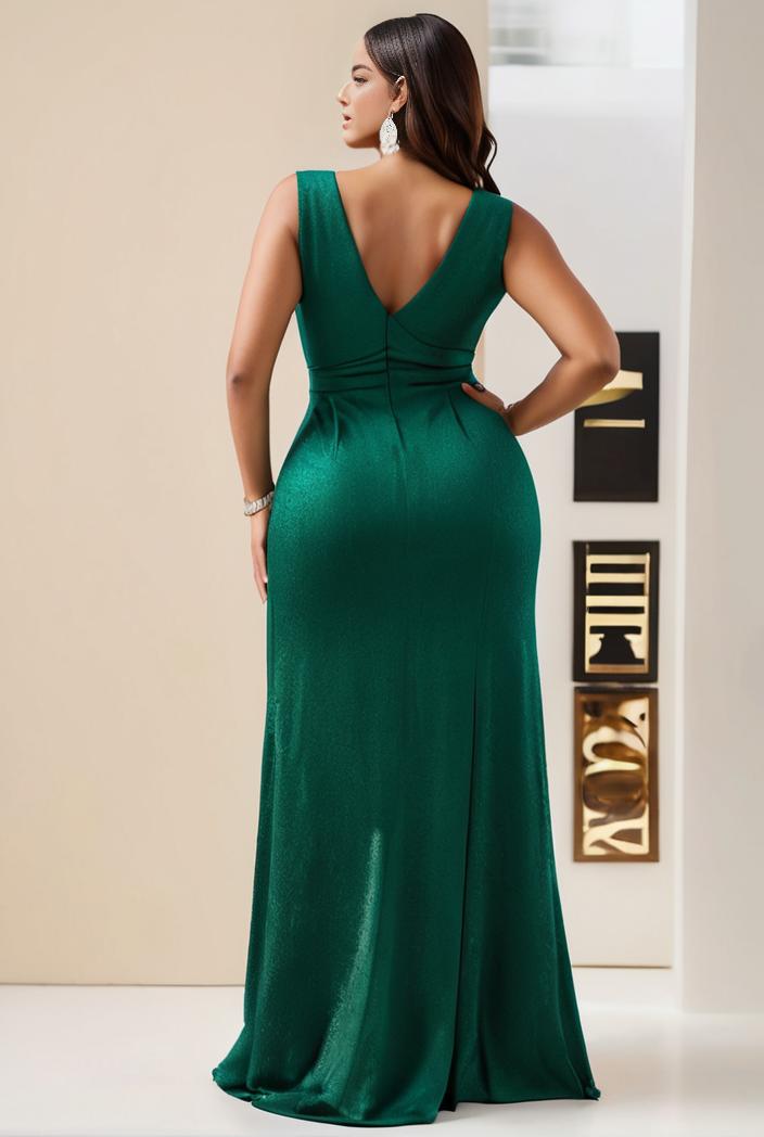 plus size shiny v neck side slit formal evening dress 143101
