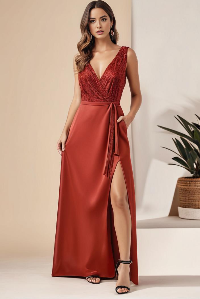 plus size shiny v neck side slit formal evening dress 143230