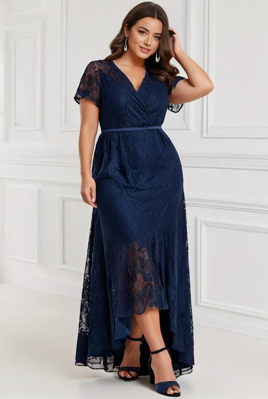 plus size short sleeve ruffled v neck a line lace evening dress 143338