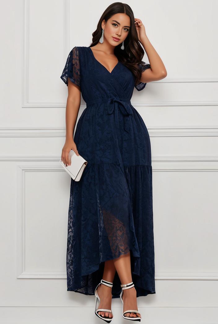 plus size short sleeve ruffled v neck a line lace evening dress 143343