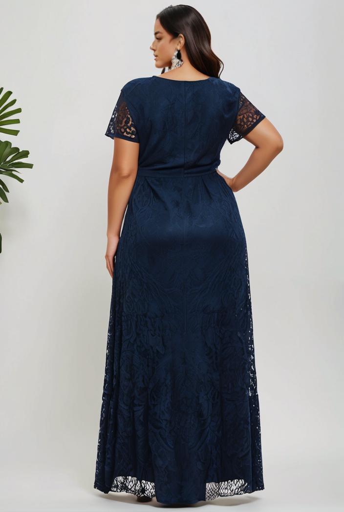 plus size short sleeve ruffled v neck a line lace evening dress 143365