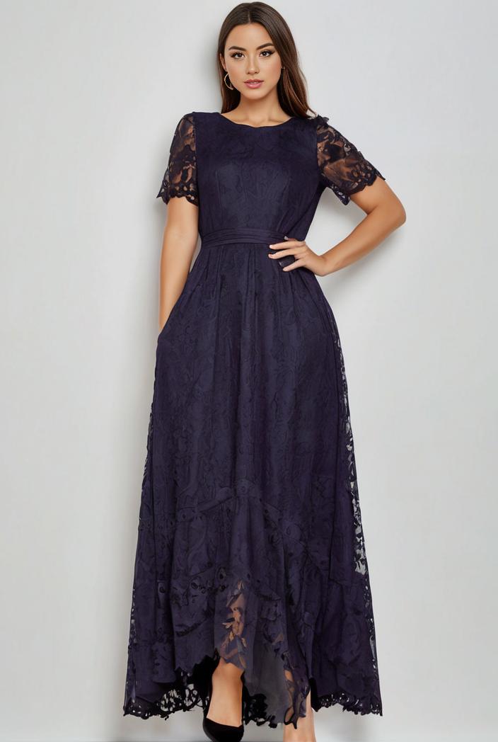 plus size short sleeve ruffled v neck a line lace evening dress 143461