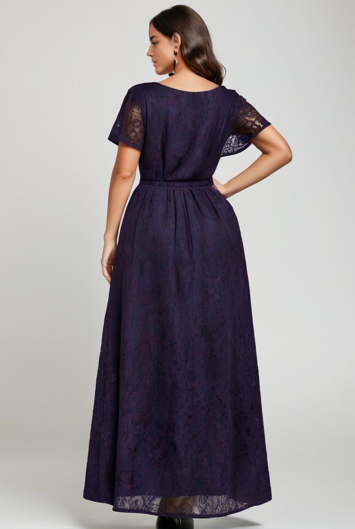 plus size short sleeve ruffled v neck a line lace evening dress 143465