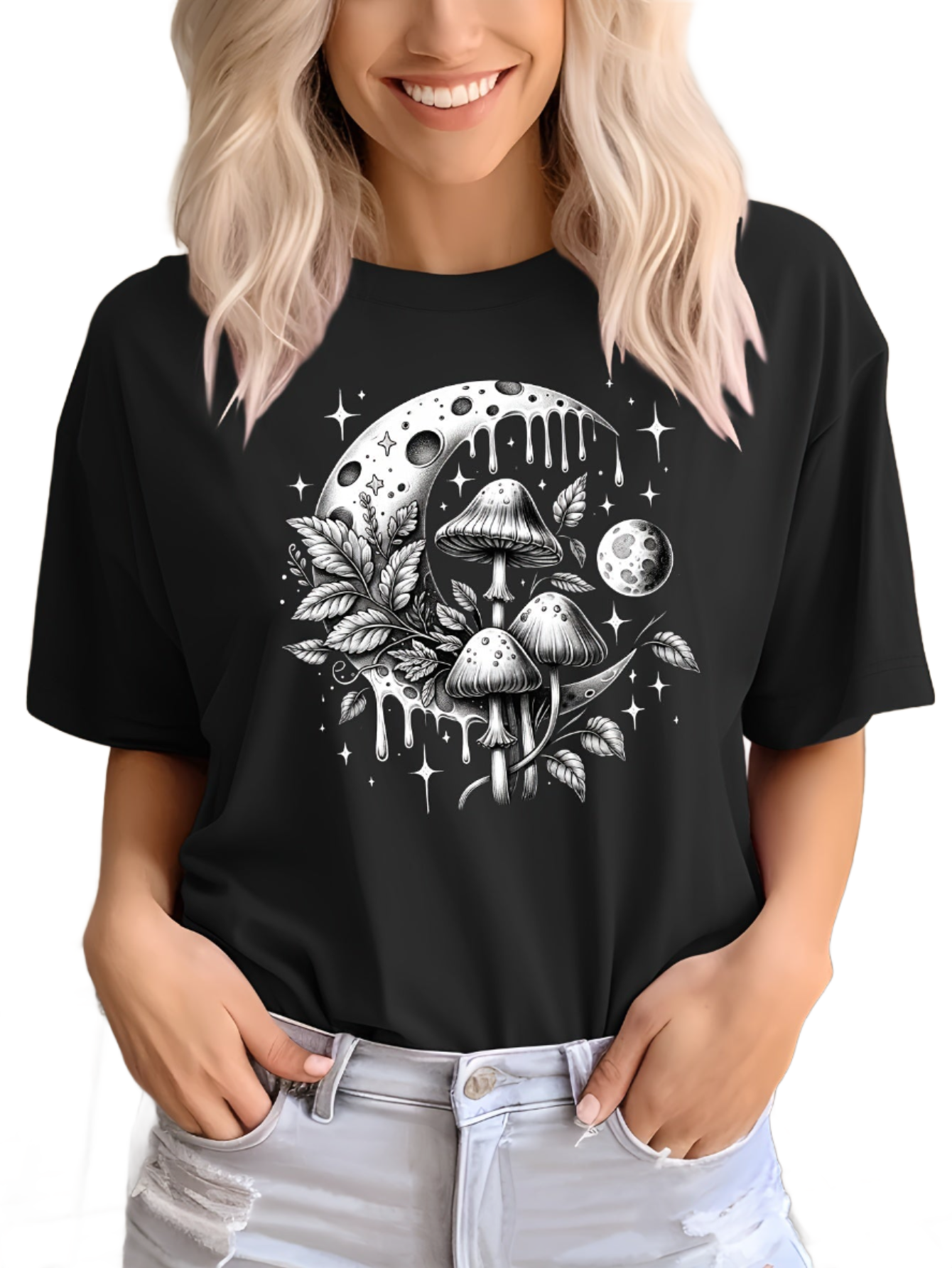 Mushroom & Moon Print T-shirt, Casual Crew Neck Short Sleeve Top For Spring & Summer, Women's Clothing