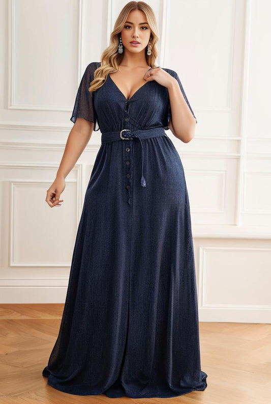 plus size v neck tulle formal evening dress with ruffle sleeves 144194