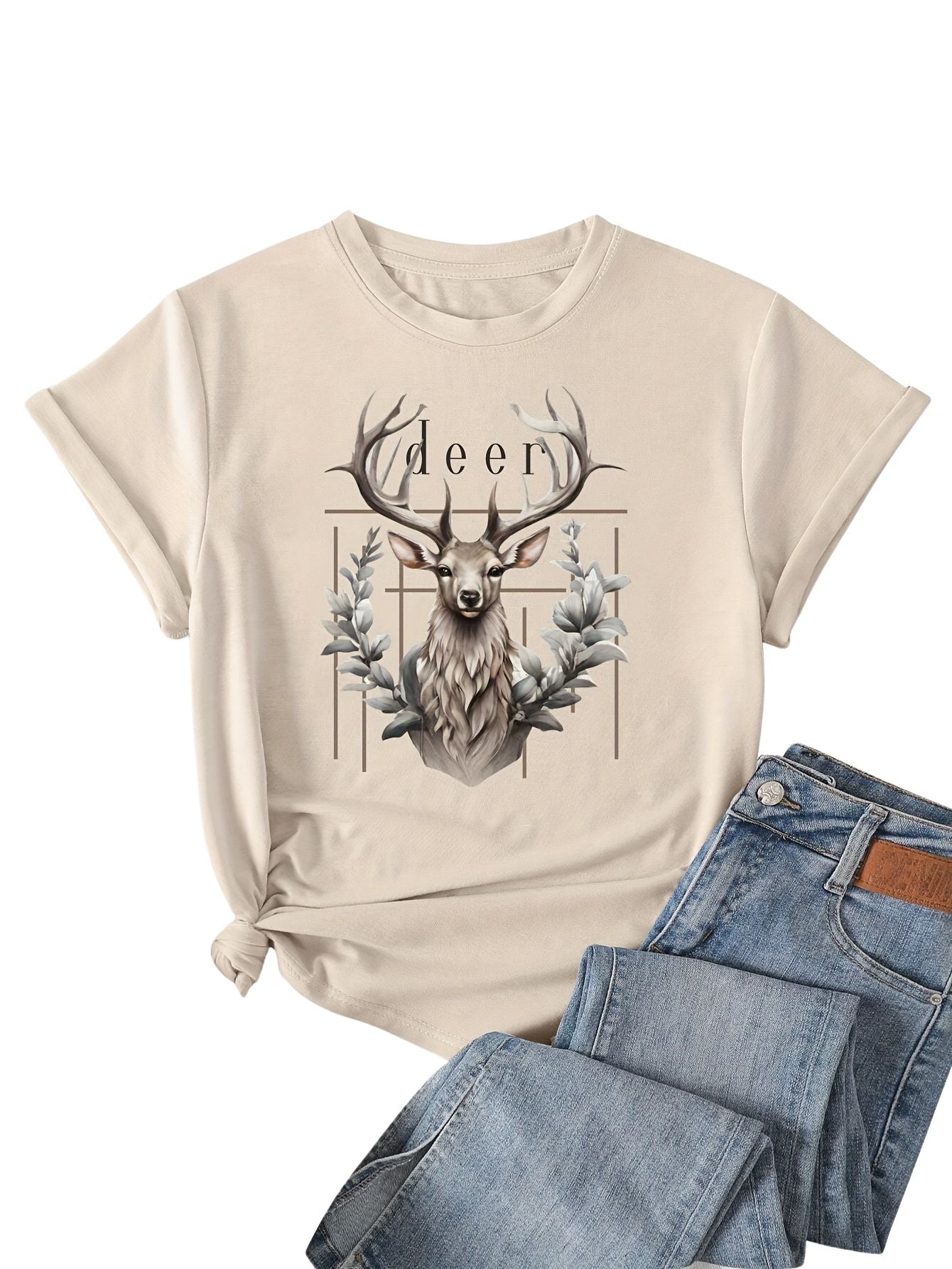 Elk Print T-shirt, Short Sleeve Crew Neck Casual Top For Summer & Spring, Women's Clothing