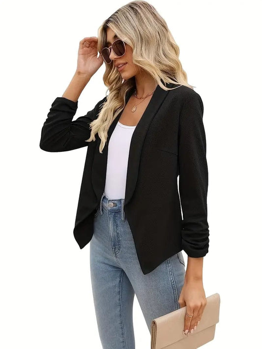 Ruched Solid Blazer, Professional Open Front Work Jacket, Women's Apparel