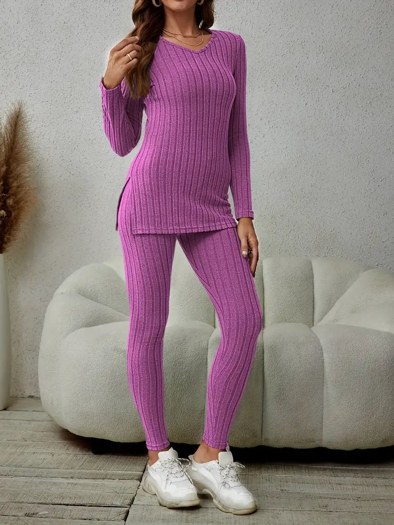Ribbed Knit Two-Piece Set with V-Neck Top and Slim Pants for Women