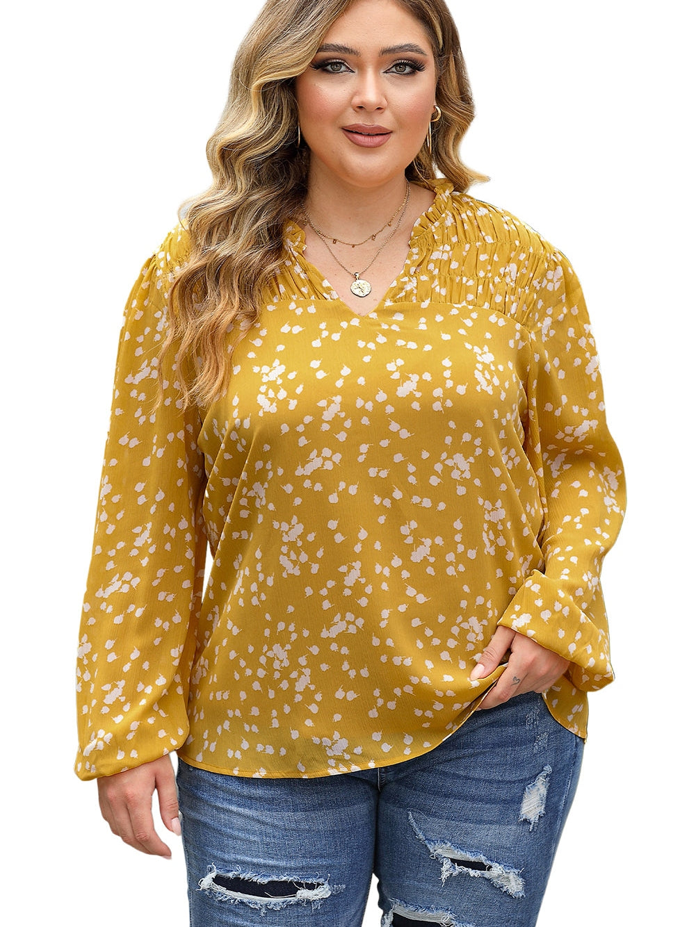 Yellow Plus Size Floral Print Ruched Split Neck Blouse