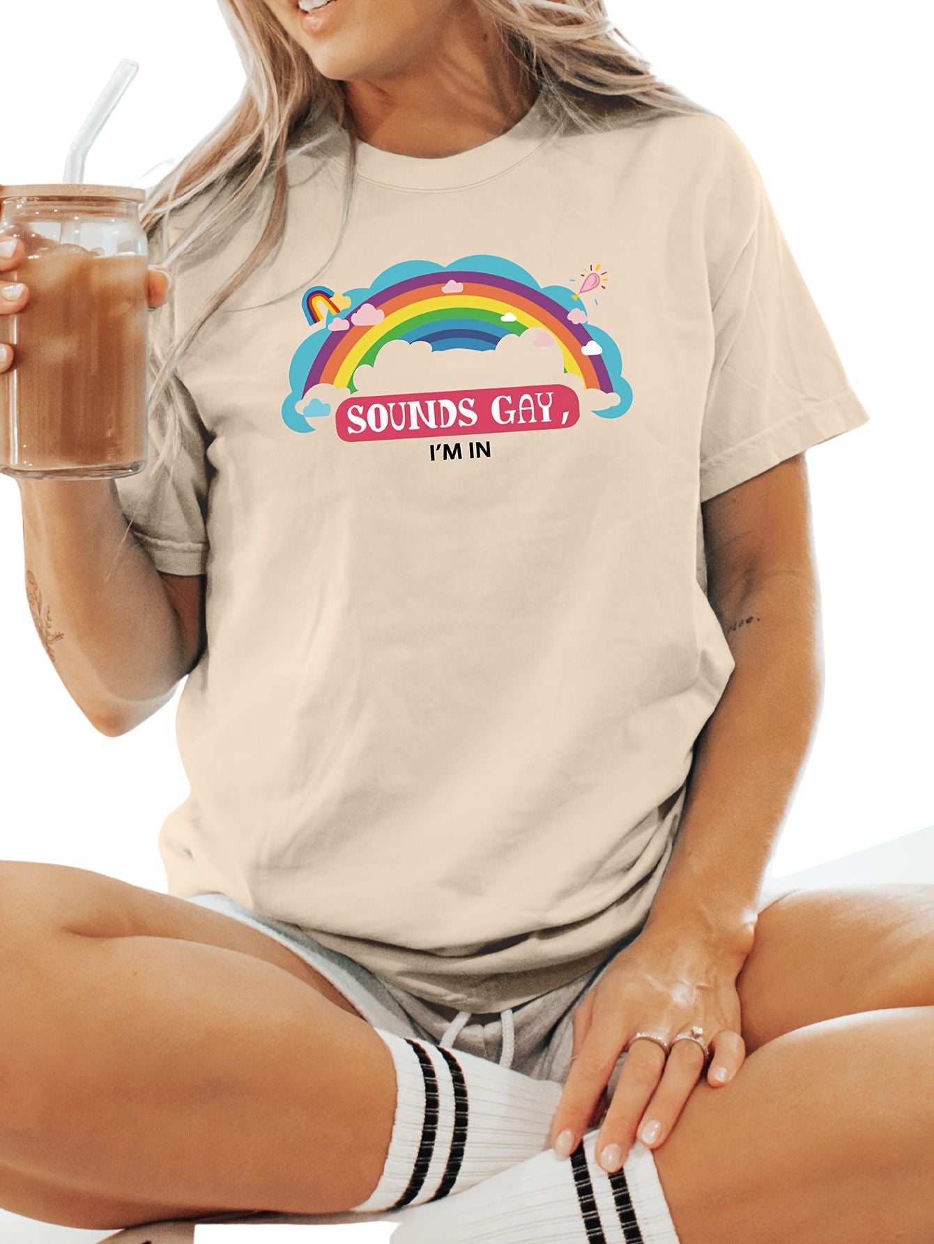 Cartoon Rainbow Print T-shirt, Short Sleeve Crew Neck Casual Top For Summer & Spring, Women's Clothing