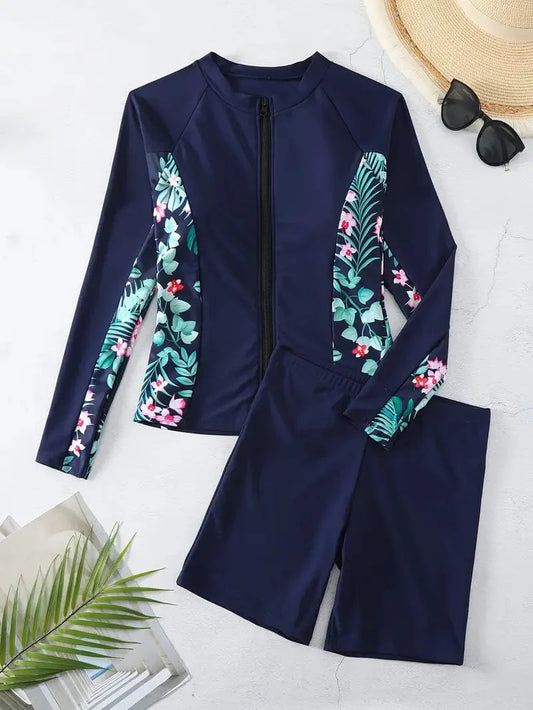 Tropical Patchwork Long Sleeve Swimsuit Set for Women