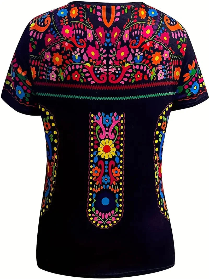 Floral Print Ethnic T-shirt, Short Sleeve Boho Crew Neck Summer Tee for Women