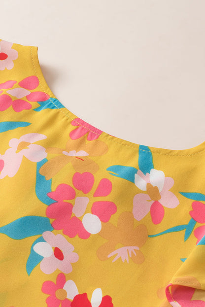 Yellow Plus Size Ruffle Trim Tie Neck Floral Peplum Tank Top