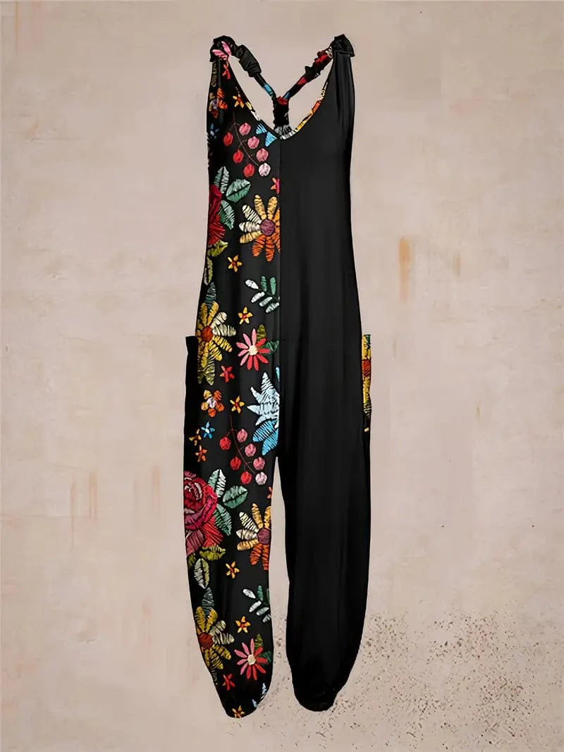 Floral Print V Neck Jumpsuit with Patched Pockets, Sleeveless Design, Straight Leg Style for Women