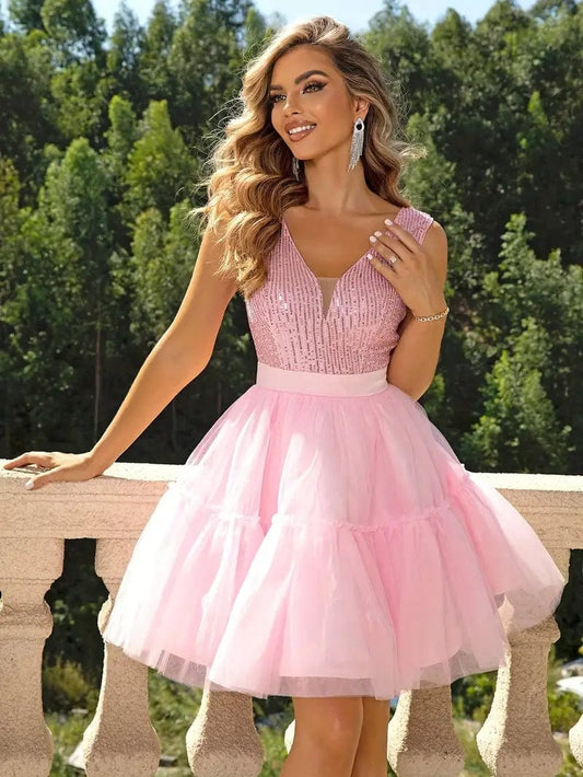 V Neck Sequin Bridesmaid Dress with Mesh Overlay, Stylish Sleeveless Party & Banquet Outfit for Women