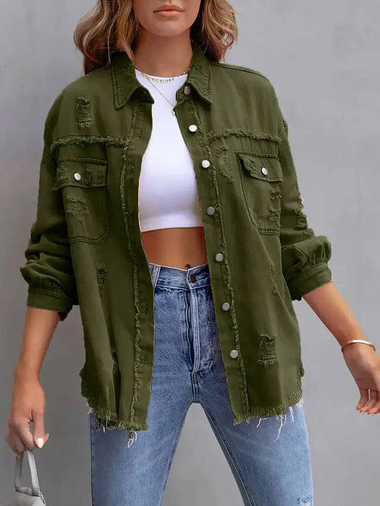 Ripped Hole Solid Denim Jacket with Frayed Hem and Lapel Turn-down Collar, Women's Fashion Piece