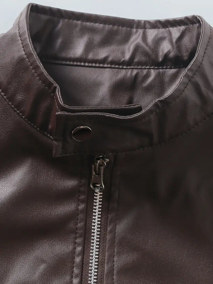 Men's Stand Collar PU Leather Zipper Cardigan Motorcycle Jacket Coat