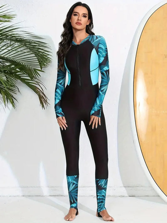 Long Sleeve High Neck Surfing One-Piece Swimsuit with Half Zipper - Women's Water Sports Bathing Suit