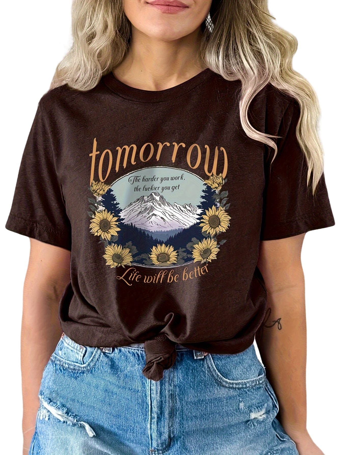 Mountain & Sunflower Print T-shirt, Casual Crew Neck Short Sleeve Top For Spring & Summer, Women's Clothing