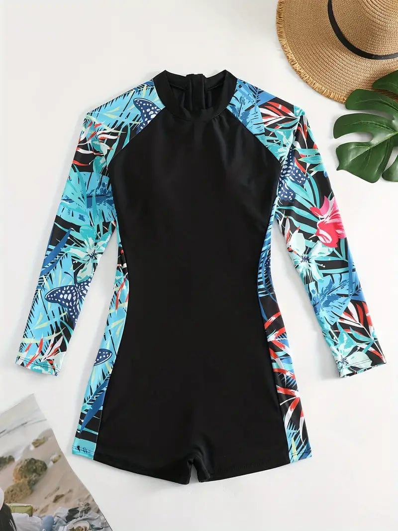 Floral Butterfly Print Long Sleeve Zip Back Rash Guard Swimsuit for Women