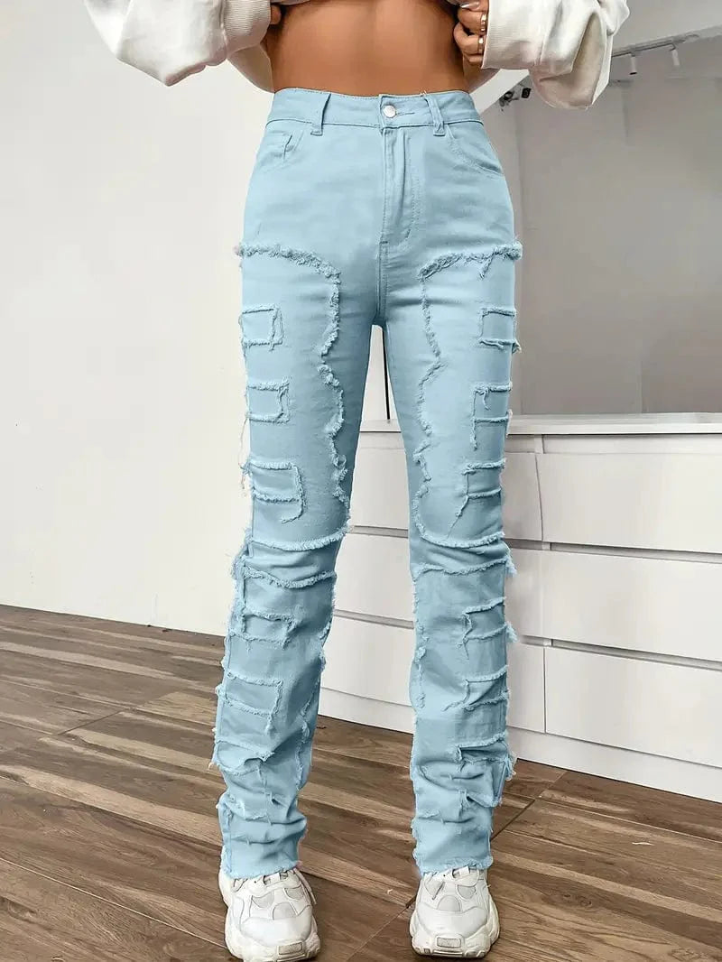 Patchwork Mid-Stretch Straight Jeans, Chic Distressed Denim, Women's Jeans & Clothing