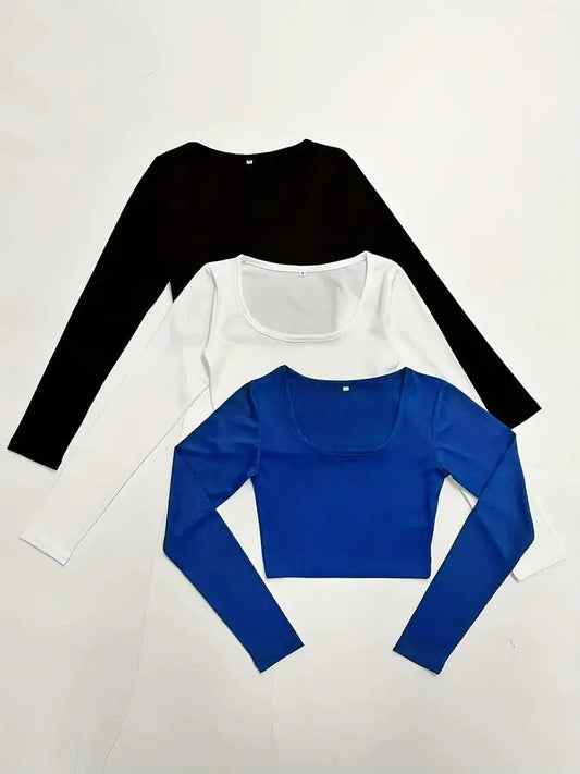 Square Neck Ribbed Crop Tops Bundle - Stylish Long Sleeve Shirts for Women's Spring & Fall Wardrobe