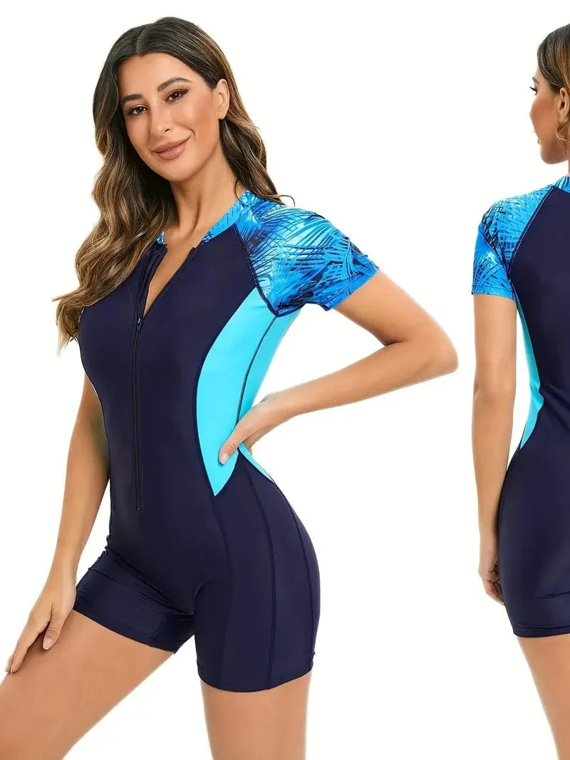 Leaf Print Color Block Surfing One-piece Swimsuit with Short Sleeves and Zipper, High Stretch Rush Guard for Women's Water Sports