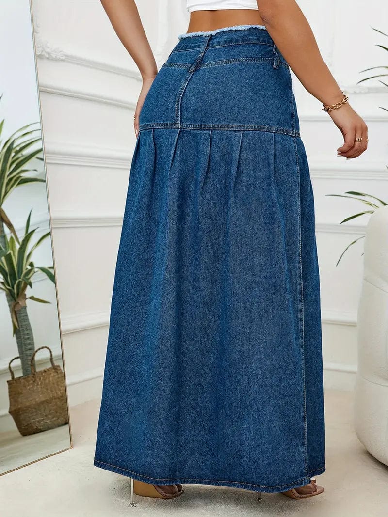 Vintage Raw Edge Denim Pleated Midi Skirt with Pocket Detail