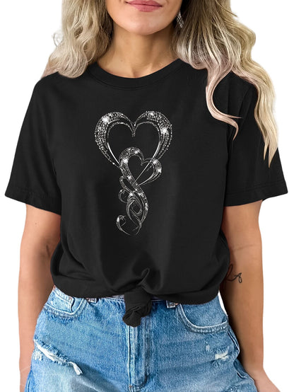 Heart Print T-shirt, Short Sleeve Crew Neck Casual Top For Summer & Spring, Women's Clothing