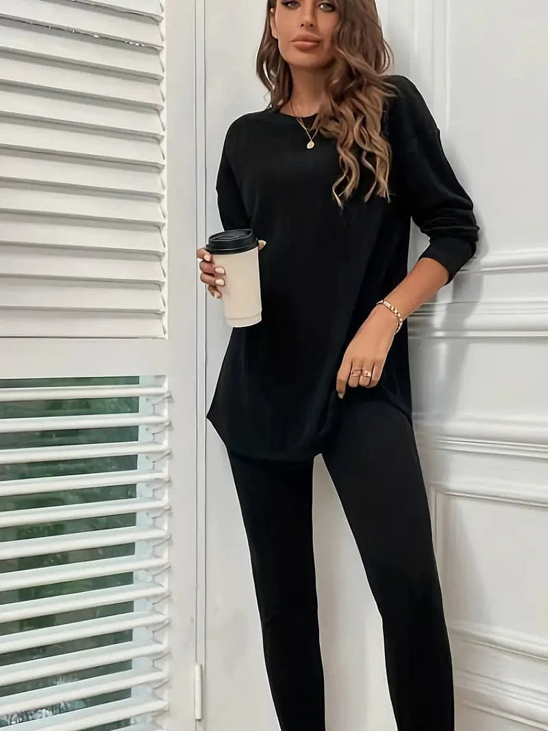 Ribbed Long Sleeve Crew Neck T-shirt & Skinny Pants Set, Women's Casual Outfit