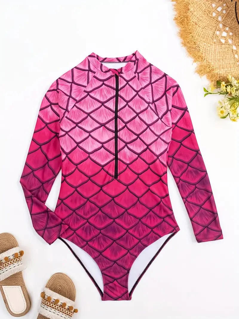Mermaid Ombre Zipper Swimsuit with Sun Protection and Rush Guard for Women